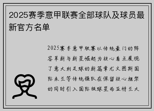 2025赛季意甲联赛全部球队及球员最新官方名单